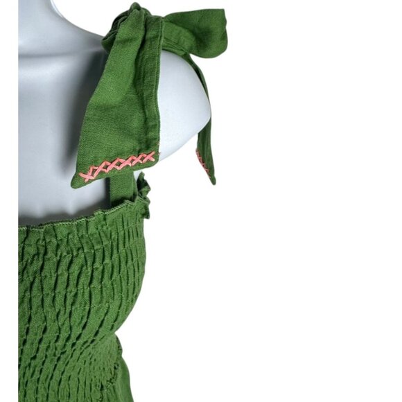 Caryn Lawn Linen Blend Lily Dress Green Midi Smocked Bodice Bow Straps small - Picture 4 of 9